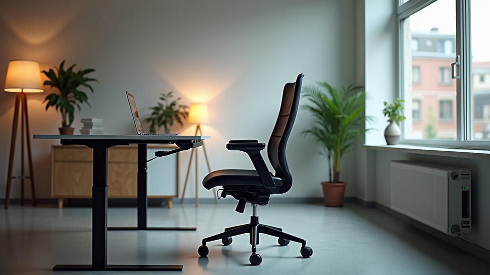 Eye-level view of an ergonomic workstation setup with adjustable chair and desk