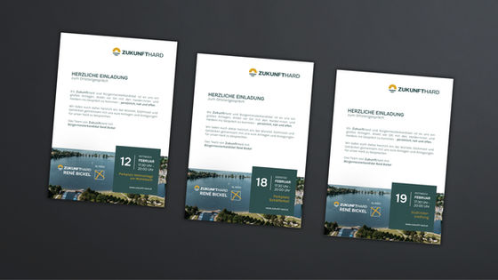 ZUKUNFT HARD . Bürgermeisterwahl 2025, GRAFIKDESIGN . EINLADUNGEN ZU ORTSTEILGESPRÄCHEN, PRINT + DIGITAL; // Grafikdesign aus Hard . Vorarlberg