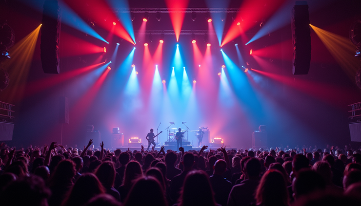 High angle view of a concert stage with AI-driven lighting and effects