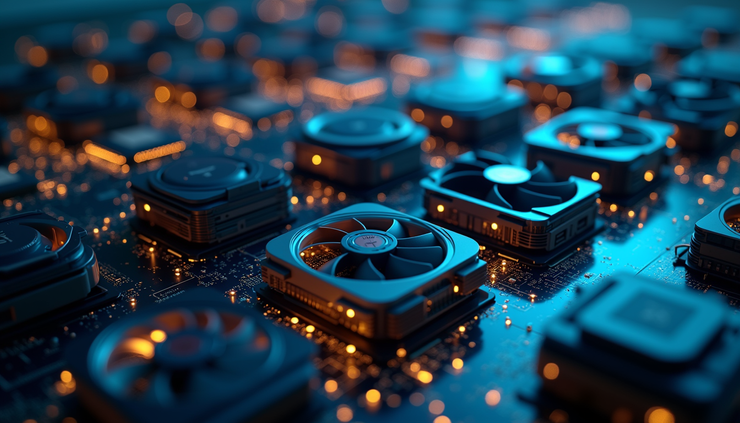 High angle view of a GPU cluster used for AI model training