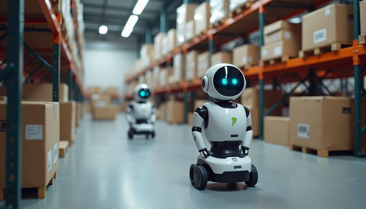 High angle view of a warehouse with autonomous robots moving packages