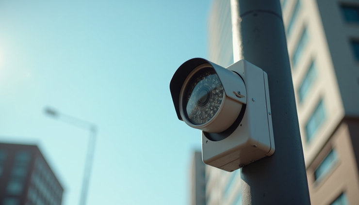 Eye-level view of an outdoor air quality sensor mounted on a pole