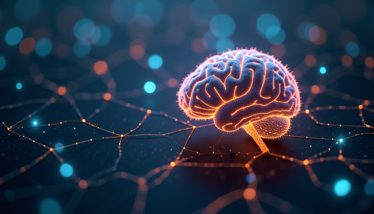 High angle view of a futuristic AI brain model with glowing neural connections