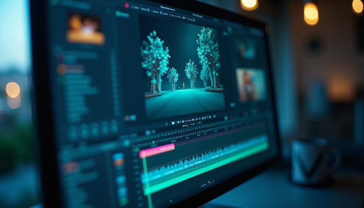 Close-up view of a video editing software interface enhanced by AI features