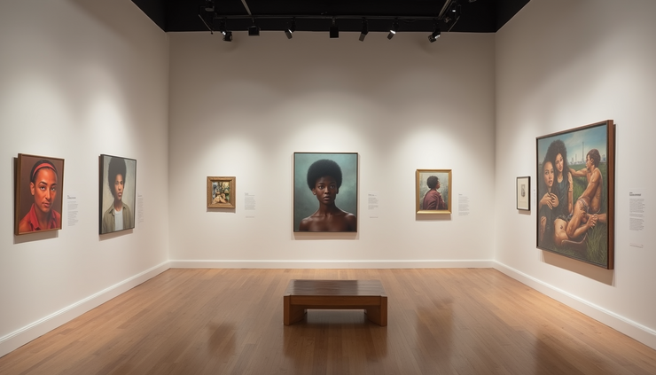 High angle view of a gallery wall displaying a mix of AI-generated and traditional paintings