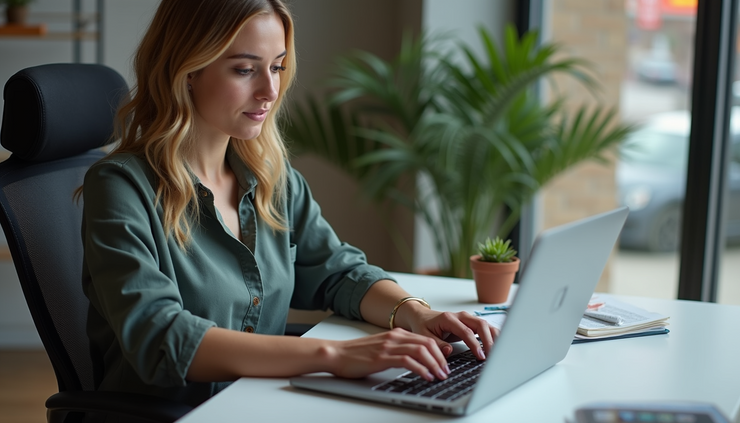 High angle view of a social worker using a laptop with AI software in a community office