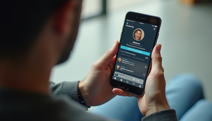 High angle view of a smartphone screen showing a suspicious social media profile