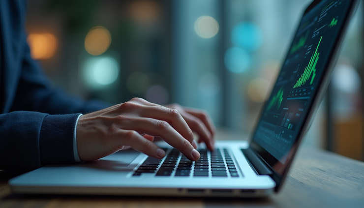 Close-up view of a person using a laptop with AI software for intellectual property management