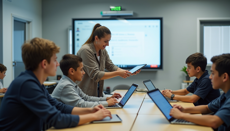 High angle view of a modern classroom with students using tablets alongside a teacher guiding them