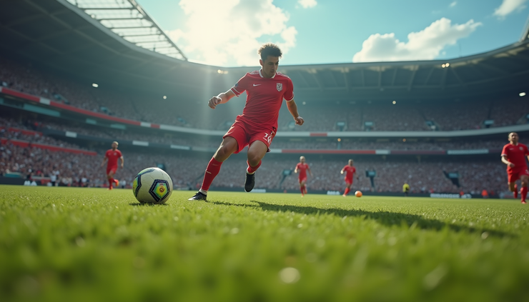 Eye-level view of a soccer field with AI-powered tracking devices on players