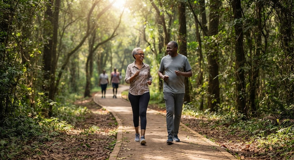 A senior man and woman enjoy an active outdoor walk on a leafy path, promoting joint health and fitness.