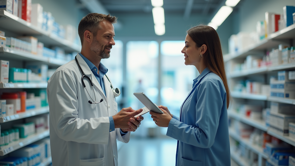 Eye-level view of a pharmacist discussing health services with a customer