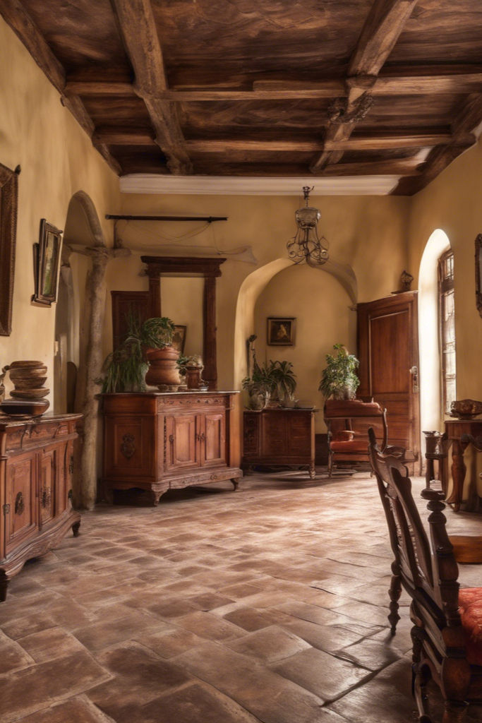Generate the image of the interior of a colonial house furnished with wooden furniture in