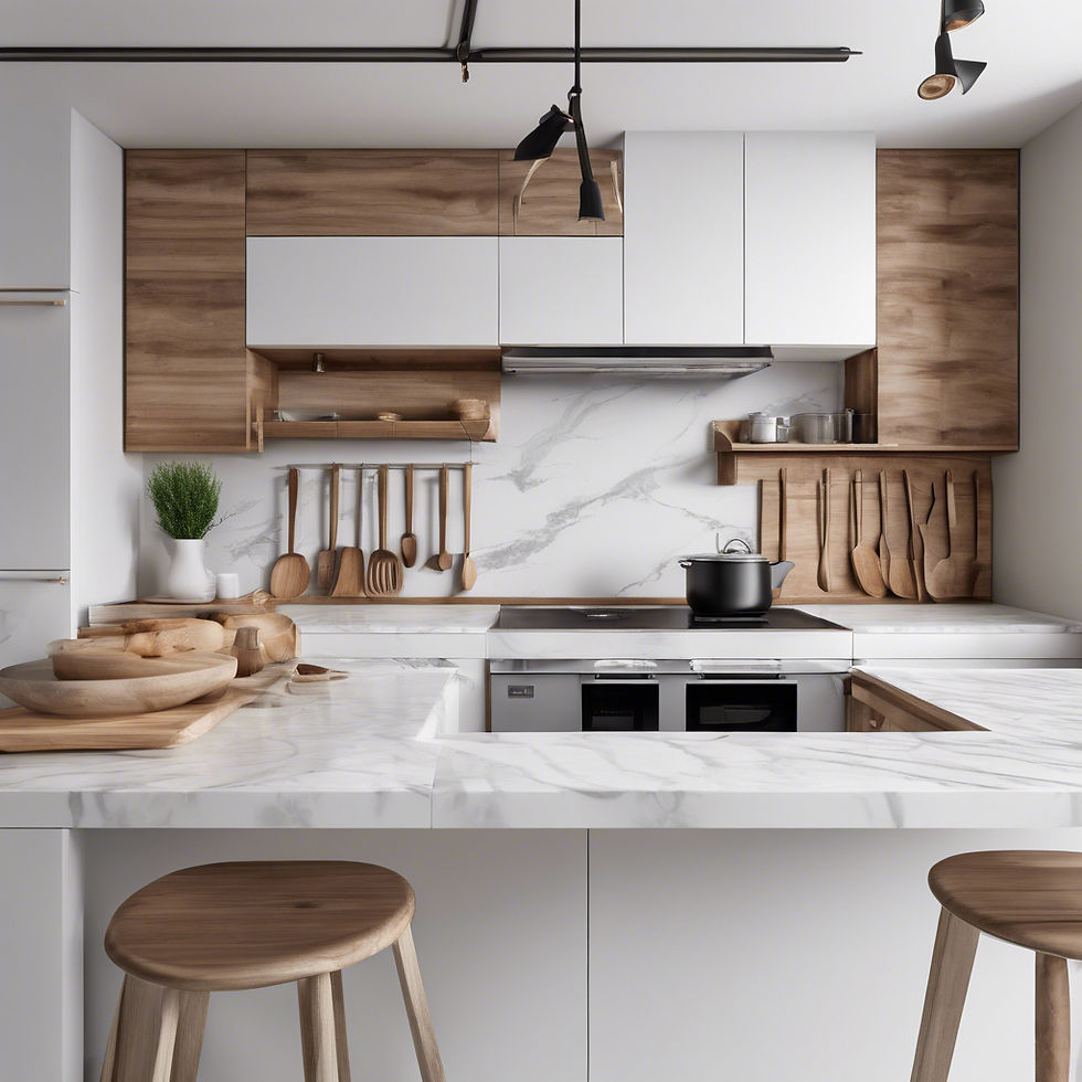 Create a hyper-realistic image of a very elegant, modern and minimalist varied kitchen acc