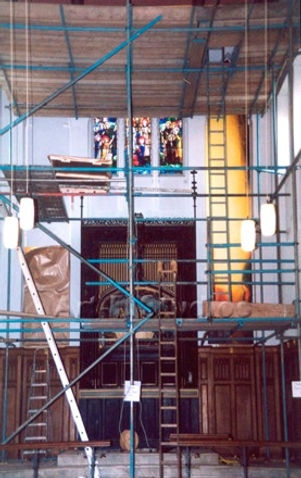 The Easter Story full size sketch on paper being hung, by Mo Enright