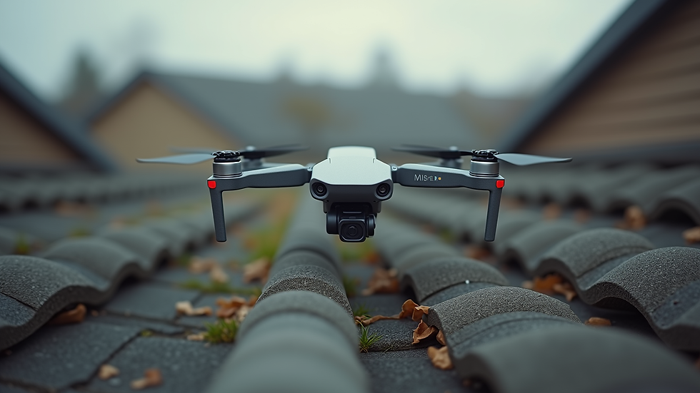 Eye-level view of drone inspecting a residential roof
