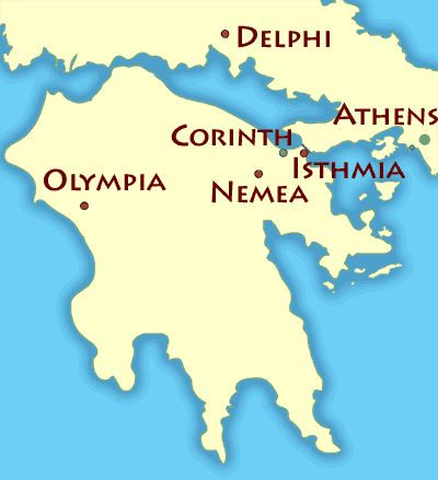 The four sites labeled in red hosted their respective games. Athens and Corinth were major city states that have been demarcated with Greek dots, but did not host pan-Hellenic games.