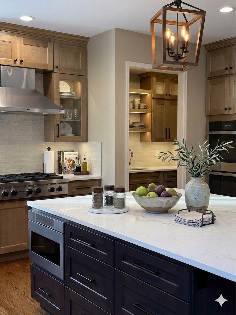 Modern Sammamish kitchen with wood cabinets, quartz countertops, open shelving, and black island cabinetry.
