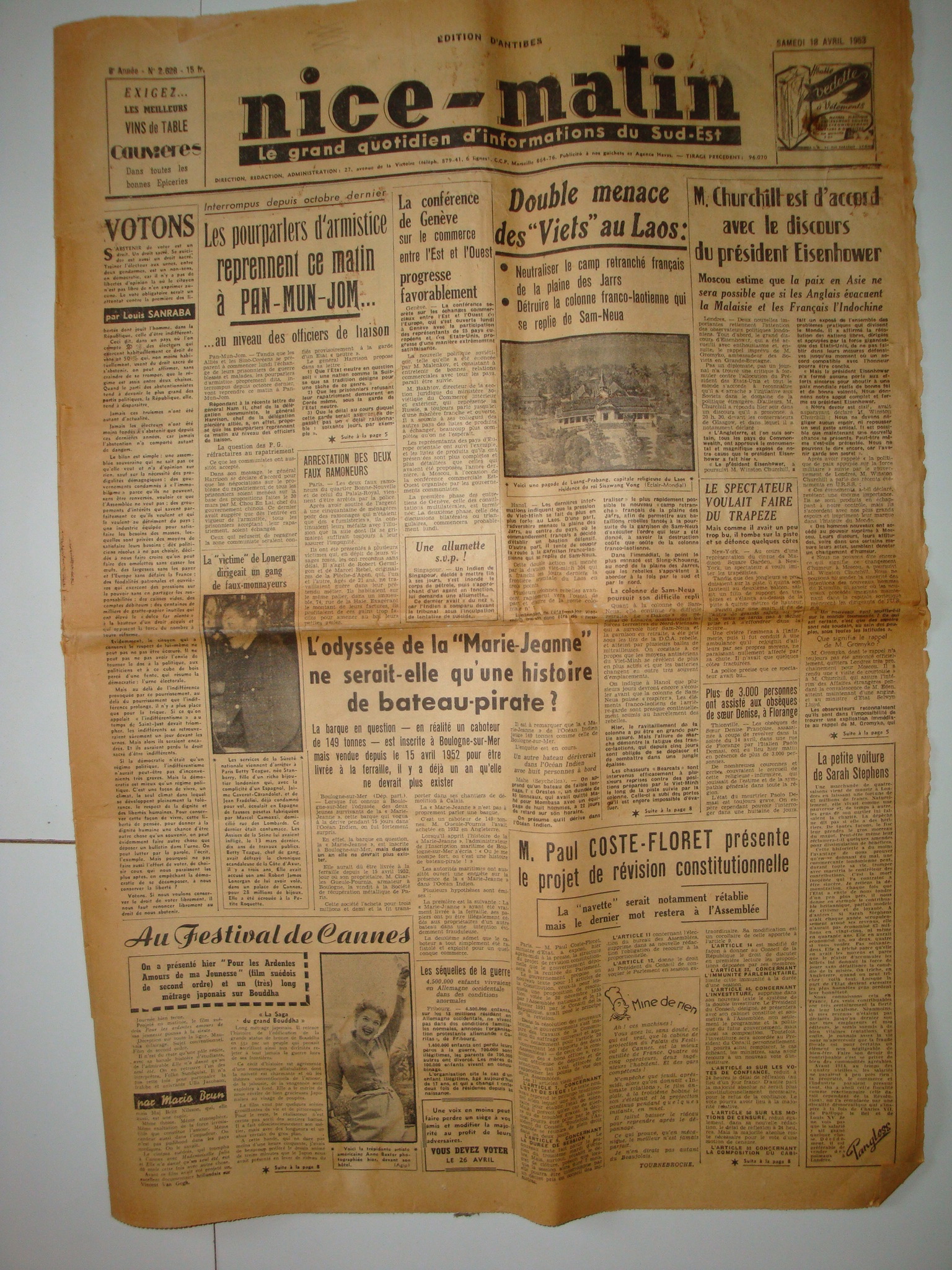 Journal Nice Matin 18 avril 1953