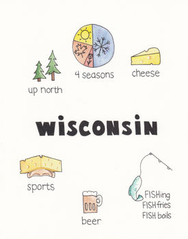 Wisconsin illustration, wisconsin icons, watercolor and pen