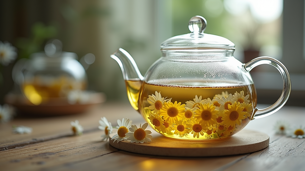 Eye-level view of a glass teapot with chamomile flowers steeping in hot water