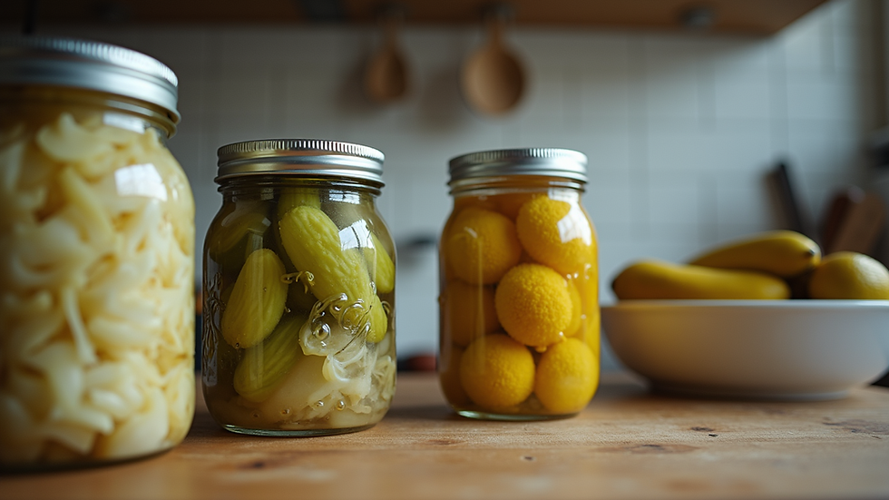Eye-level view of a kitchen counter with jars of homemade sauerkraut and pickles