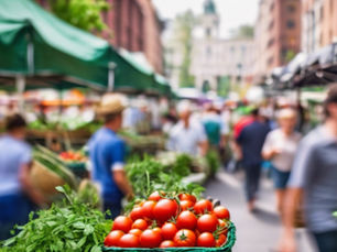 A busy Farmers Market with Red tomatoes featured. 