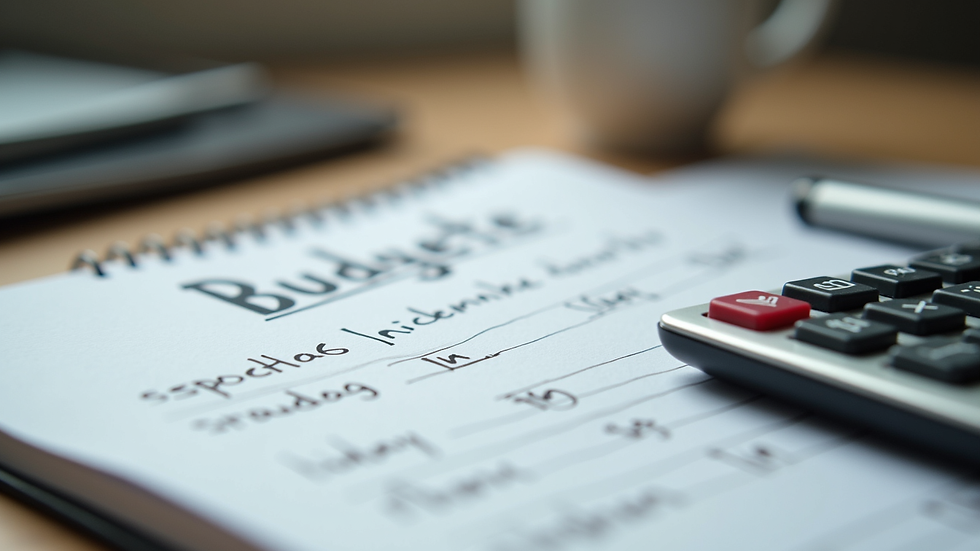 Eye-level view of a notebook with budgeting notes and a calculator