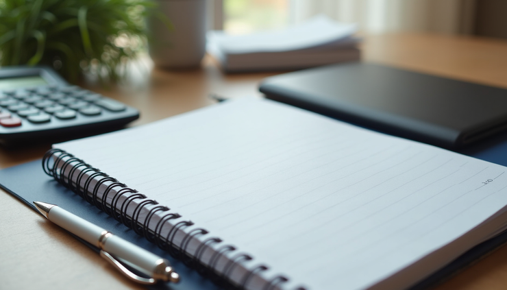 Eye-level view of a neat workspace with a notebook, calculator, and pen ready for budgeting