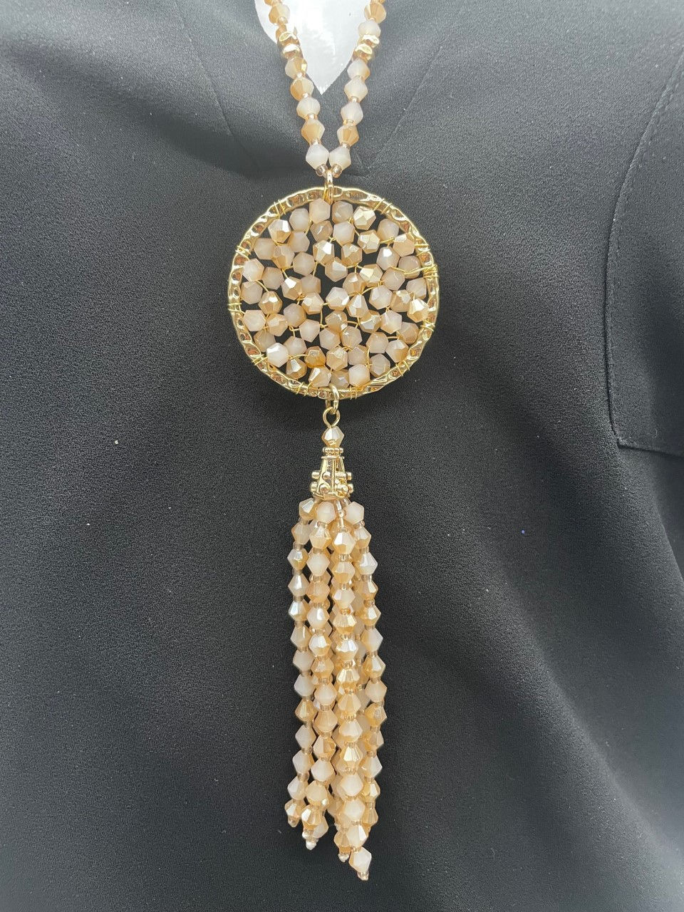 Thumbnail: Coral Beaded Rhinestone Circle Piece Necklace with Tassel