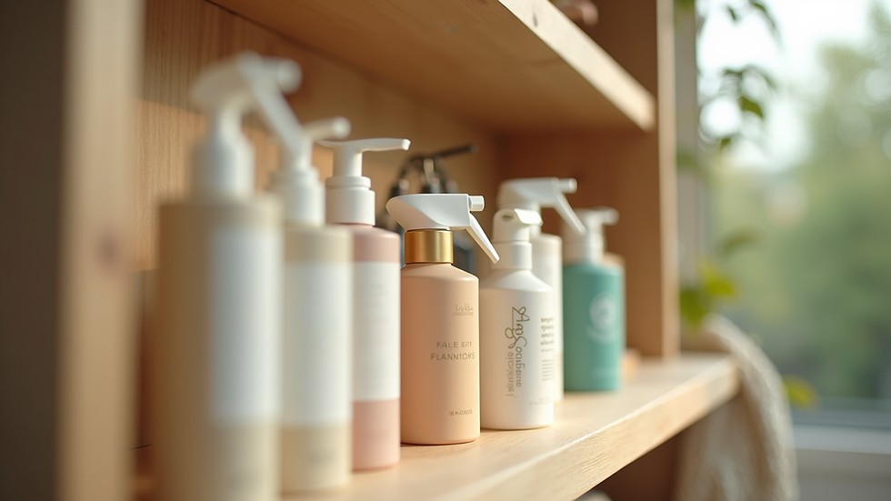 Eye-level view of a neatly arranged display of eco-friendly household products