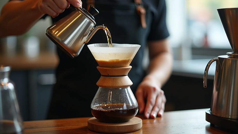 Close-up view of a barista pouring hot water over coffee grounds in a glass pour-over brewer