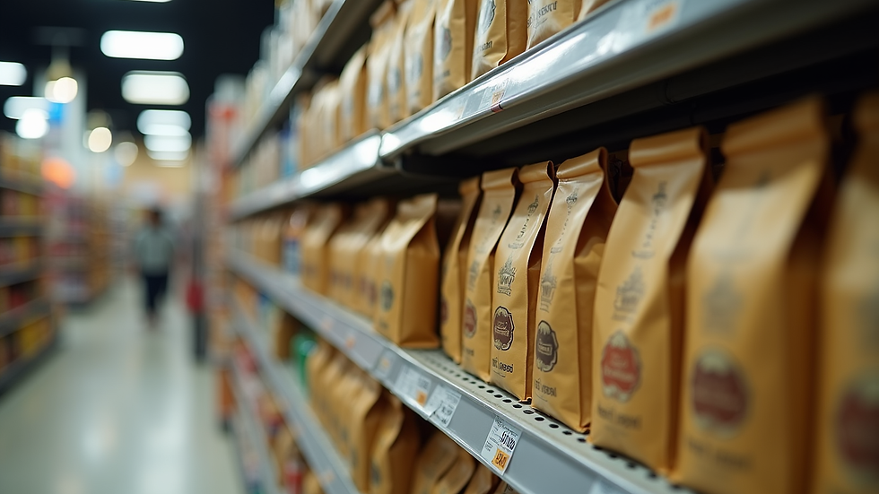 Eye-level view of coffee bags on a supermarket shelf