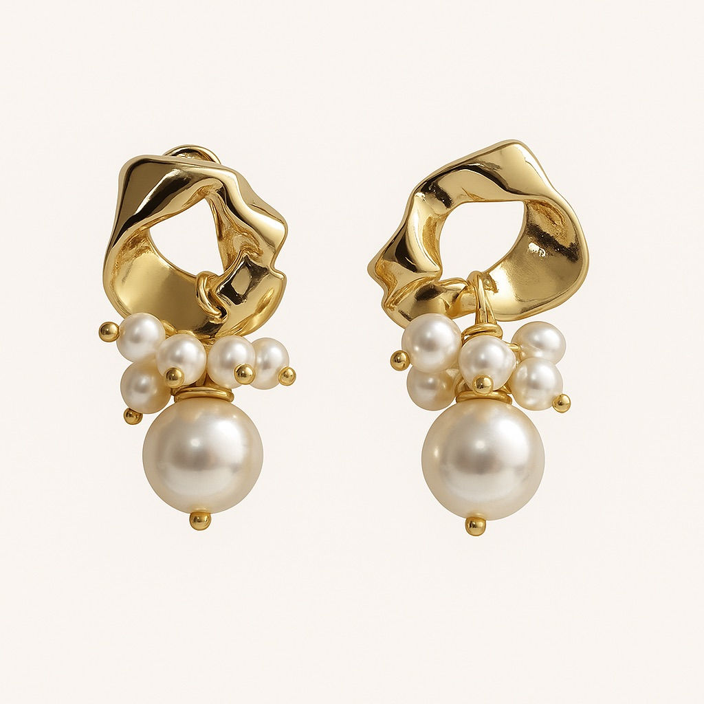 Altın Kaplama Dalga Formlu İnci Küpe