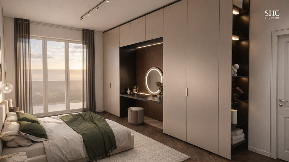 Camera da letto moderna con armadi su misura e design contemporaneo
Modern bedroom interior design with custom wardrobes and warm lighting