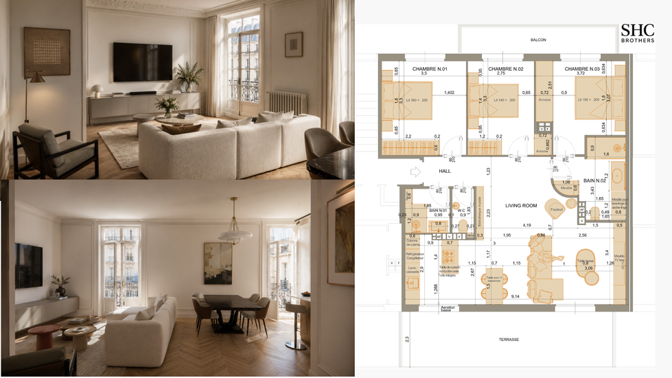 Plan d'aménagement intérieur et rendu 3D d'un appartement rénové à Nice.
