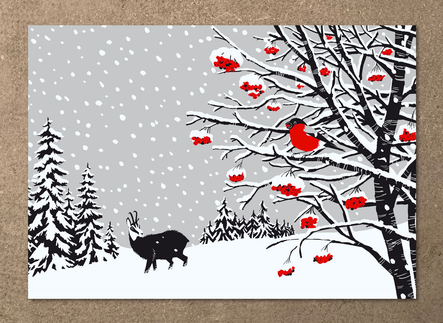 Winterkarte «Eberesche mit Gämse»