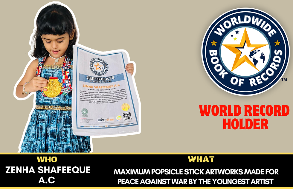 Maximum Popsicle Stick Artworks Made For Peace Against War By The Youngest Artist -Achieved By Zenha Shafeeque A.C (Daughter Of Shafeeque A.C And Basima Ibrahim L.K)