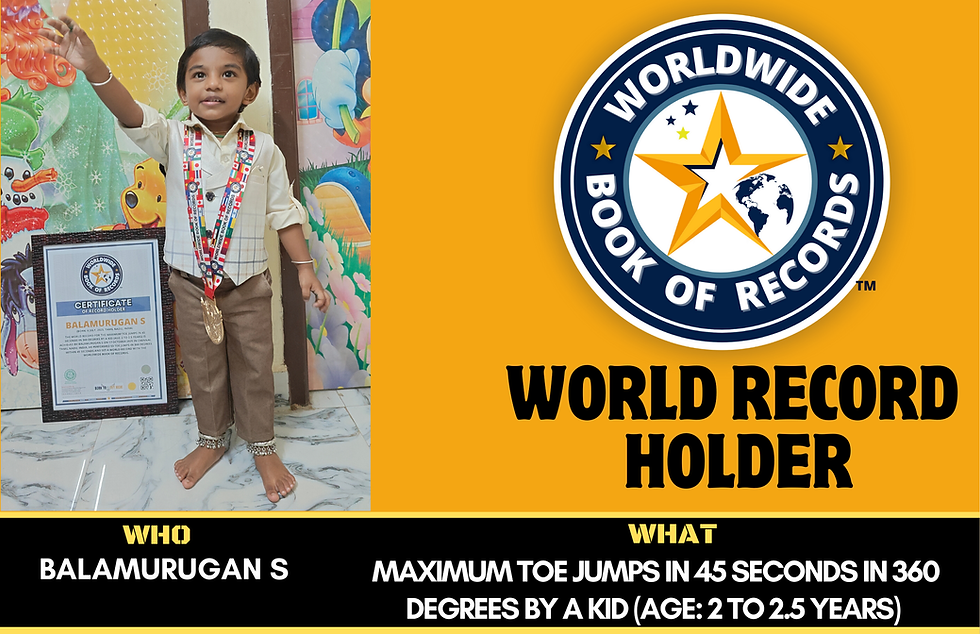 Maximum Toe Jumps In 45 Seconds In 360 Degrees By A Kid (Age: 2 To 2.5 Years)-Achieved By Balamurugan S