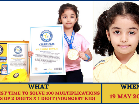 Fastest Time To Solve 100 Multiplication Sums Of 2 Digits X 1 Digit) -World Record By Vaaruni Tiwari