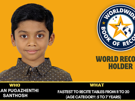 Fastest To Recite Tables From 11 To 20 (Age Category: 5 To 7 Years)- Achieved By Nalan Pugazhenthi Santhosh 