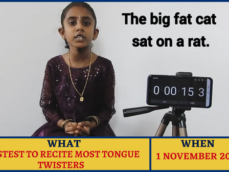 FASTEST TO RECITE MOST TONGUE TWISTERS - World Record by P. REDHANYA of Tiruvallur, Tamil Nadu, IND
