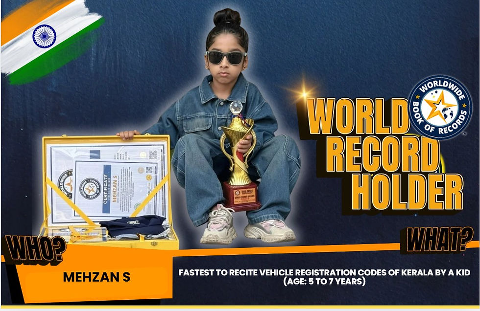 World Record for the Fastest to Recite Vehicle Registration Codes of Kerala by a Kid (Age: 5–7 Years) is achieved by Mehzan S
