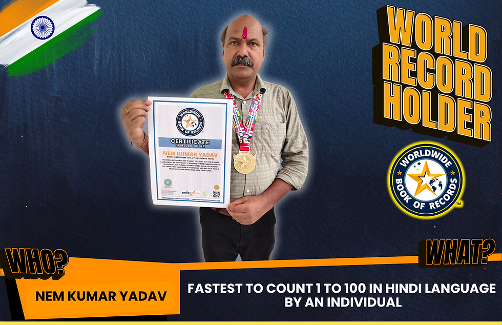 Fastest To Count 1 To 100 In Hindi Language By An Individual" -Achieved By Nem Kumar Yadav