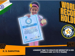 World Record For The Longest Time To Hold 5 Kg Weight By A Kid (Female Age: 2.5 To 3 Years) - By K. S. Sanvitha