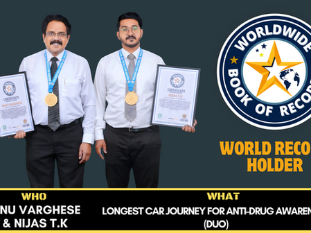 Longest Car Journey For Anti-Drug Awareness (Duo) Is Achieved By Nijas T.K. and Binu Varghese