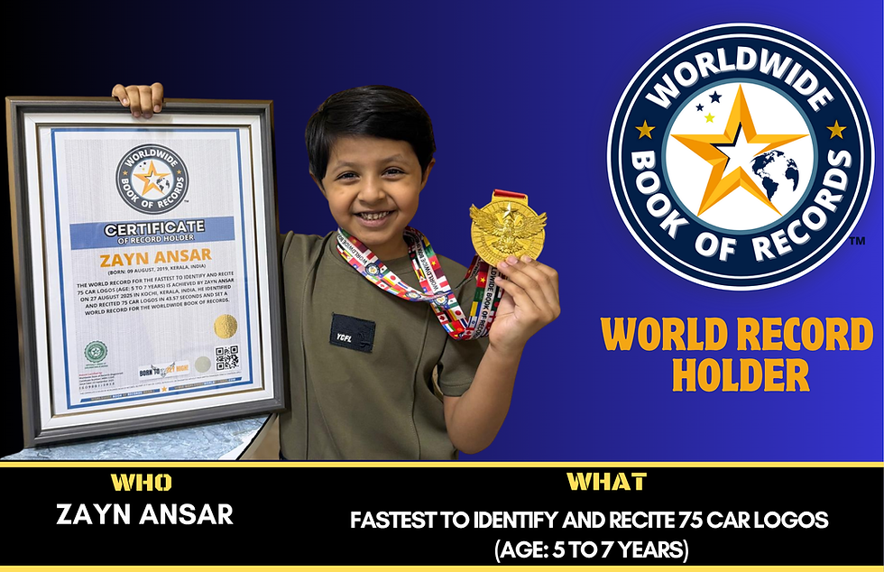 Fastest To Identify And Recite 75 Car Logos (Age: 5 To 7 Years)- Achieved By Zayn Ansar