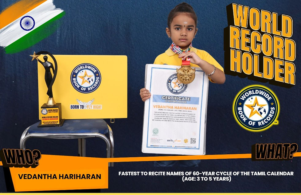 World Record for the FASTEST TO RECITE NAMES OF 60-YEAR CYCLE OF THE TAMIL CALENDAR (AGE: 3 TO 5 YEARS) Is Achieved By Vedantha Hariharan