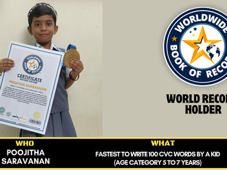 Fastest To Write 100 Cvc Words By A Kid(Age Category 5 To 7 Years)-Achieved By Poojitha Saravanan (Student Of Evoke Learning Academy) 