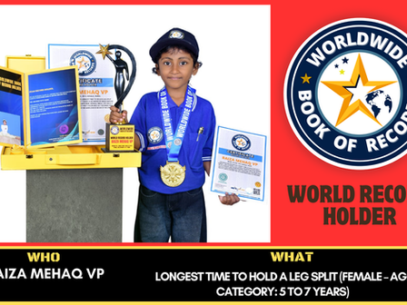 Longest Time To Hold A Leg Split (Female – Age Category: 5 To 7 Years) Is Achieved By Baiza Mehaq VP